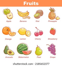Fruit vector set. Healthy vegetarian food. Cartoon illustration in line art minimalistic simple style. juicy apple isolated, lemon, cherry, avocado, kiwi, banana. Color objects isolated on white.