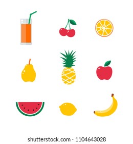 Fruit vector set isolated on white background. Clipart collection of bright colored tropical fruits. Fresh juice drink. Cute design cartoon illustration lemon cherry apple pineapple watermelon orange