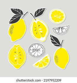 Fruit vector sticker set. Drawn lemons, lemon slices, leaves. Doodle fruits. For paper, textile, gift wrapping, interior design, menu. cartoon design