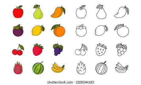 fruit vectors with various colors, fruit icons with thin lines, for children's study books, for web, applications, there are 12 kinds of fruit
