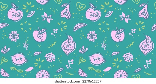 Fruit vegan seamless vector pattern, vibrant fantasy colors
