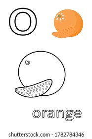 fruit and vegetable alphabet coloring book illustration, orange