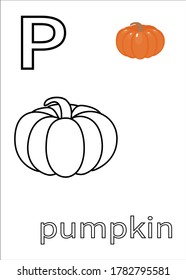 fruit and vegetable alphabet coloring book illustration,pumpkin