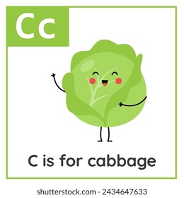 Fruit and vegetable alphabet flashcard for children. Learning letter C. C is for cabbage.
