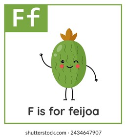 Fruit and vegetable alphabet flashcard for children. Learning letter F. F is for feijoa.