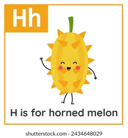 Fruit and vegetable alphabet flashcard for children. Learning letter H. H is for horned melon.