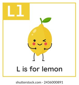 Fruit and vegetable alphabet flashcard for children. Learning letter L. l is for lemon.