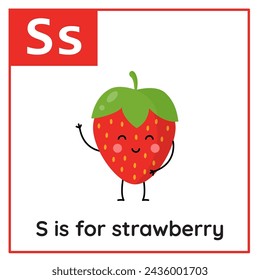 Fruit and vegetable alphabet flashcard for children. Learning letter S. S is for strawberry.