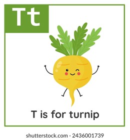 Fruit and vegetable alphabet flashcard for children. Learning letter T. T is for turnip.