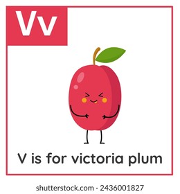 Fruit and vegetable alphabet flashcard for children. Learning letter V. V is for victoria plum.