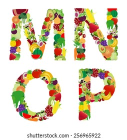 Fruit and vegetable alphabet - letter M N O P, Vector illustration modern design
