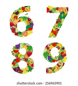 Fruit and vegetable alphabet - letter number 6 7 8 9, Vector illustration modern design