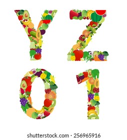 Fruit and vegetable alphabet - letter Y Z 0 1, Vector illustration modern design