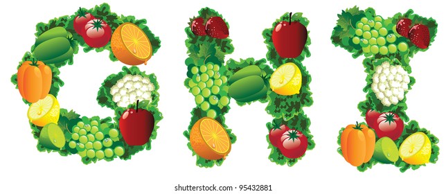 Fruit and vegetable alphabet letters icon symbol set EPS 8 vector, grouped for easy editing. No open shapes or paths.