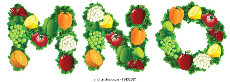 Fruit and vegetable alphabet letters icon symbol set EPS 8 vector, grouped for easy editing. No open shapes or paths.