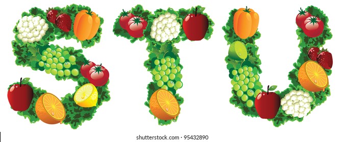 Fruit and vegetable alphabet letters icon symbol set EPS 8 vector, grouped for easy editing. No open shapes or paths.