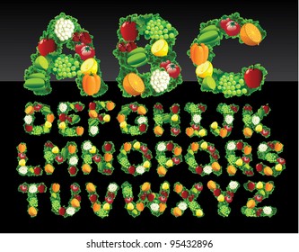 Fruit and vegetable alphabet letters icon symbol set EPS 8 vector, grouped for easy editing. No open shapes or paths.