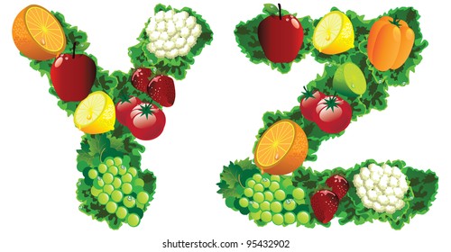 Fruit and vegetable alphabet letters icon symbol set EPS 8 vector, grouped for easy editing. No open shapes or paths.