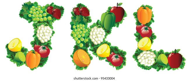 Fruit and vegetable alphabet letters icon symbol set EPS 8 vector, grouped for easy editing. No open shapes or paths.