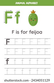 Fruit and vegetable alphabet writing for preschool kids. Letter F is for feijoa.