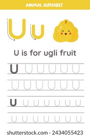 Fruit and vegetable alphabet writing for preschool kids. Letter U is for ugli fruit.