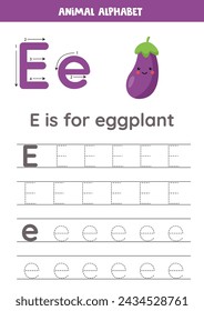 Fruit and vegetable alphabet writing for preschool kids. Letter E is for eggplant.