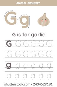 Fruit and vegetable alphabet writing for preschool kids. Letter G is for garlic.