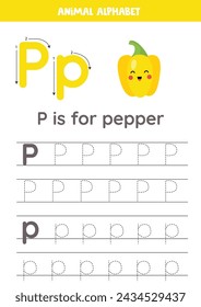 Fruit and vegetable alphabet writing for preschool kids. Letter P is for pepper.