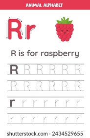 Fruit and vegetable alphabet writing for preschool kids. Letter R is for raspberry.