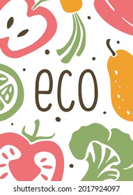 Fruit and vegetable background and "ECO" text. Pre-made banner with healthy food, organic food, diet, vegetarianism and vitamins symbols. Vector flat hand drawn illustration