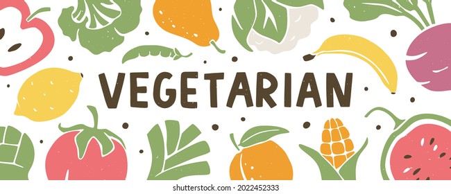 Fruit and vegetable background and "Vegetarian" text. Pre-made header or banner with healthy food, organic food, diet, vegetarianism and vitamins symbols. Vector flat hand drawn illustration 