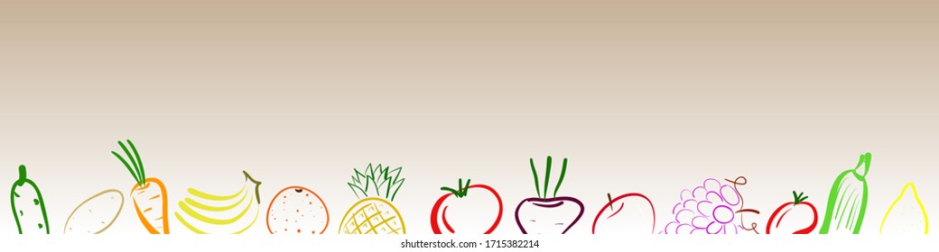 Fruit and vegetable banner on a white gradient. Vector illustration in outline hand drawn style with copy space