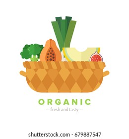 Fruit and vegetable basket flat style illustration (isolated). Organic food.