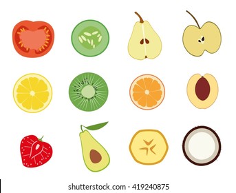 Fruit and vegetable berries slices icons.Set of fruit and vegetables, berries halves isolated vector illustration. Tomato,cucumber, lemon,kiwi, pear,apple,orange peach, strawberry,banana,coconut. 
