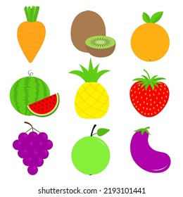 Fruit vegetable berry food icon set. Carrot, watermelon, eggplant, pineapple, strawberry, apple, grape, kiwi, orange. Cute cartoon kawaii decoration element. Flat design. White background. Vector