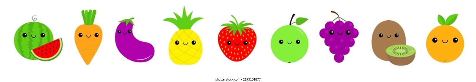 Fruit vegetable berry food icon set line. Carrot, watermelon, eggplant, pineapple, strawberry, apple, grape, kiwi, orange. Cute face eyes. Cartoon kawaii character. Flat design White background Vector