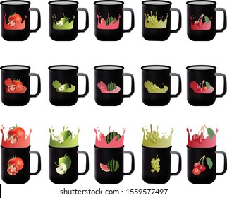 The fruit, vegetable and berry juice in a mug in the style of realistic vector. Juice splashes in a black mug. Healthy drink vegetarians.