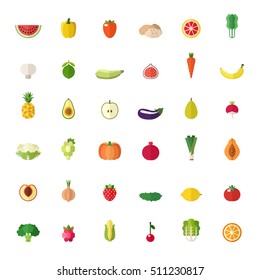 Fruit and vegetable big flat simple icons set.