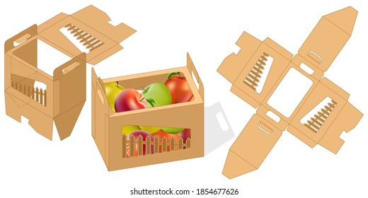 Fruit and vegetable box, die cut template, 3D preview Carry On Protective design, stamping layout template, convenient cardboard trays, packaging, practical vector image on transparent background