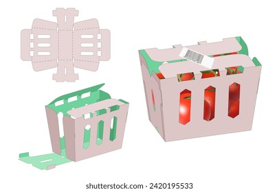 Fruit and vegetable box, die cut template, 3D preview Carry On Protective design, stamping layout template, convenient cardboard trays, packaging, practical vector image on transparent background