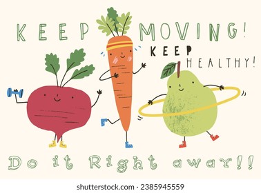 personaje de dibujos animados de frutas vegetales mantener slogan sano tipografía niños imprimir camisetas gráfico vectorial arte