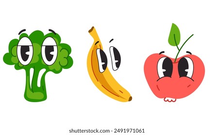 Fruit vegetable character cartoon face expression comic style emotion isolated set. Vector flat graphic design element illustration