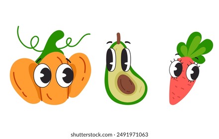 Fruta vegetal personaje de dibujos animados cara expresión cómic estilo emoción conjunto aislado. Ilustración de elemento de Diseño gráfico plano de Vector