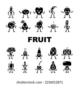 fruit vegetable character food icons set vector. paper work, informationfolder, contract computer, digital technology, corporate fruit vegetable character food glyph pictogram Illustrations