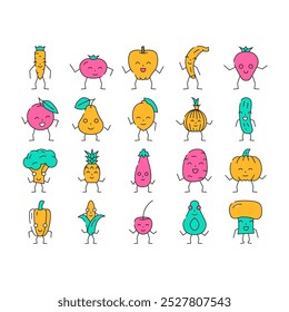 fruit vegetable character food icons set vector. paper work, informationfolder, contract computer, digital technology, corporate fruit vegetable character food color Contour Illustrations