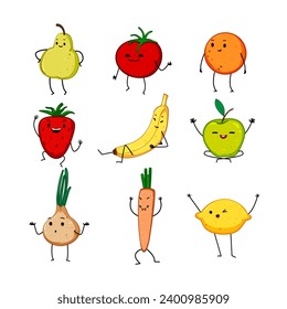 fruit vegetable character set cartoon. cute face, tomato banana, healthy cucumber fruit vegetable character sign. isolated symbol vector illustration