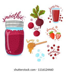 Fruit and vegetable cocktail for healthy life. Smoothies with beet, honey, cranberry and strawberry. Recipe vegetarian organic smoothie in jar. Template recipe card with detox drink for diet. Vector.