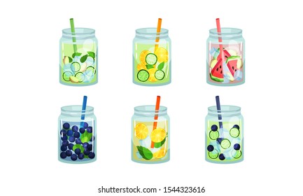 Fruit and Vegetable Cold Fresh Beverages Poured in Glass Jars With Straw Vector Set