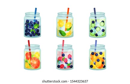 Fruit and Vegetable Cold Fresh Beverages Poured in Glass Jars With Straw Vector Set