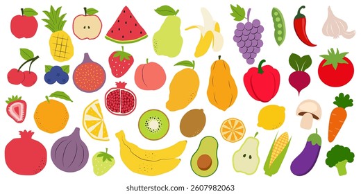 Fruit and vegetable collection in flat hand drawn style. Vector fruits icon set isolated on white background	